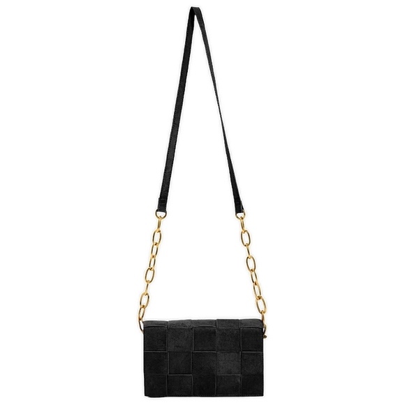 Like Dreams Faux Suede Crossbody Handbag, Black / Gold Trim & Chain Link, NWT - Picture 5 of 7